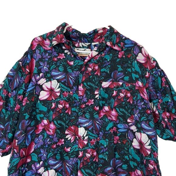 🌺100% Silk large Vintage bright floral tropical Hawaiian button down Miami vice - Picture 6 of 13